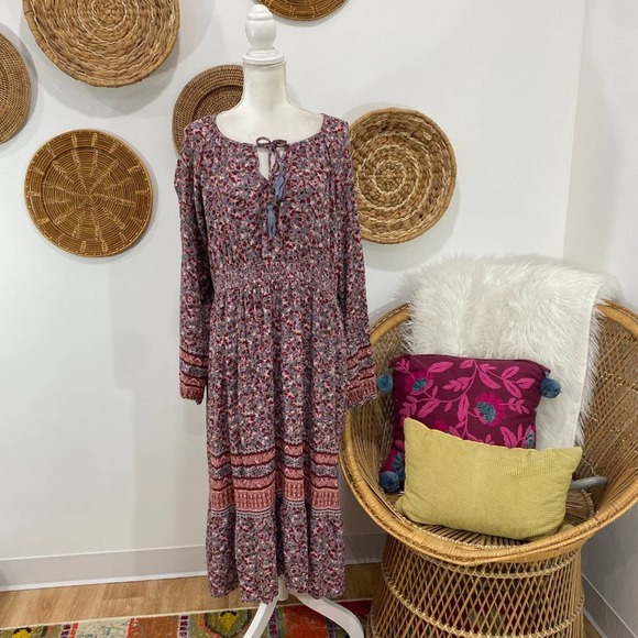 Knox Rose Dresses & Skirts - Knox Rose Boho Tie Tiered Flower Floral Long Sleeve Midi Dress Plus Size XXL